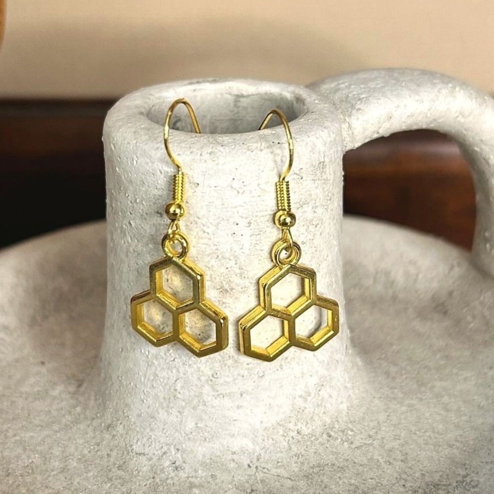 Handcrafted Honeycomb Golden‎ Drop Pendant Earrings Gardencore Honey Bee